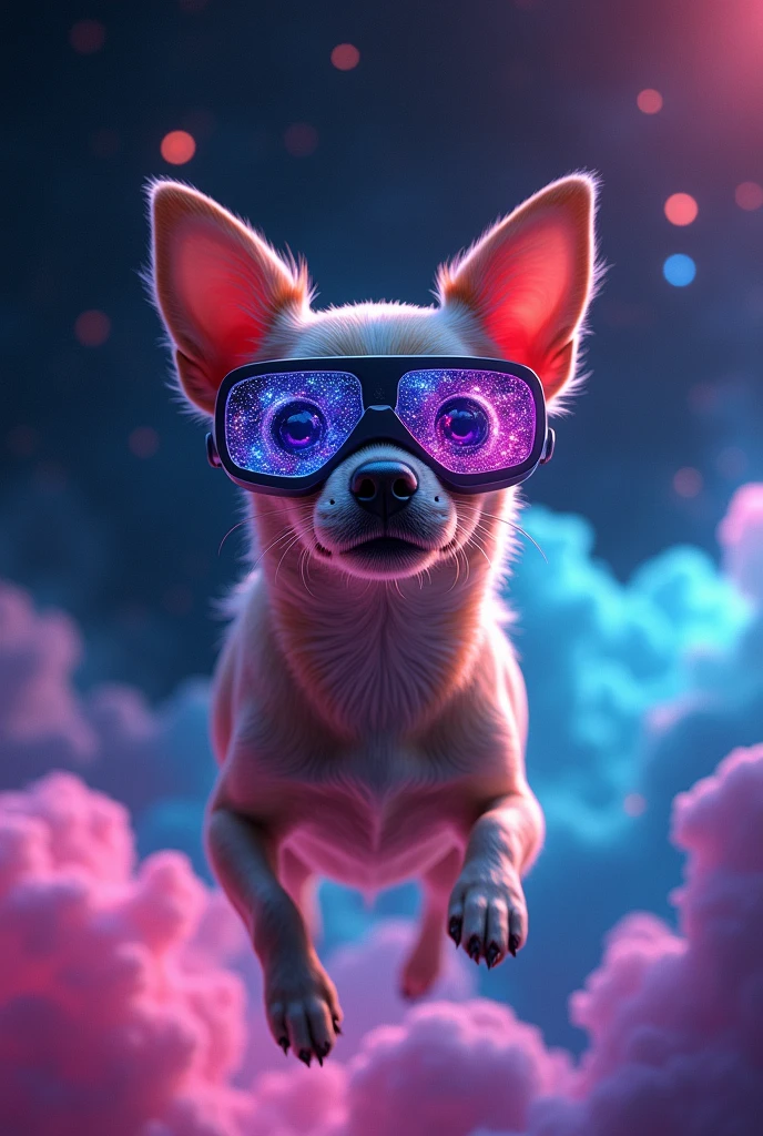 chihuahua dog with metaverse glasses floating in space neon lights 