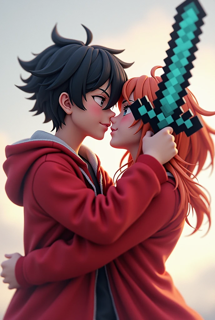 A anime 3D boy taking Minecraft diamond sword and his clothes red jacket front side kissing