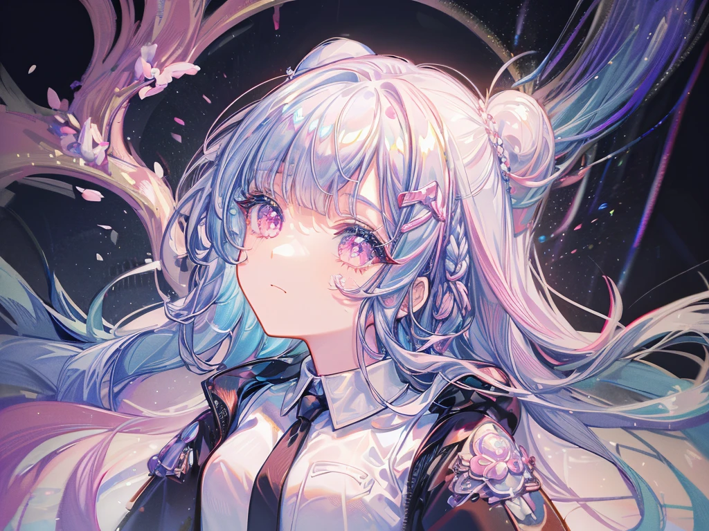 1girl in、florals,((masterpiece:1.4), best quality, HDR,UHD,8K), expressive eyes, cute chibi face, 1girl, solo, cute, perfect body, long light blue hair, wavy long bangs,chibi pink eyes, white skin, black crop top,pink tie, has black skirt,