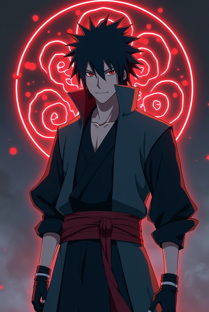 "Sasuke Uchiha standing confidently, with a detailed Uchiha Clan symbol in the background. The image should be in high resolution, 4K quality, capturing the intensity and legacy of the Uchiha clan."