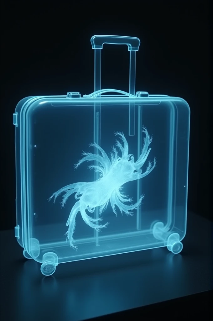 high-quality, zoomed-in image of an X-ray scan or a security scanner display showing an unusual or bizarre object inside a suitcase.
