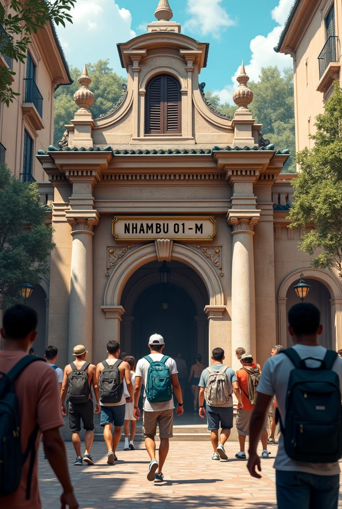 Public bath house, European architecture of 1650, with a sign written in capital letters “NHAMBU 01-M”, with Brazilian men in casual clothes and backpacks coming and going.