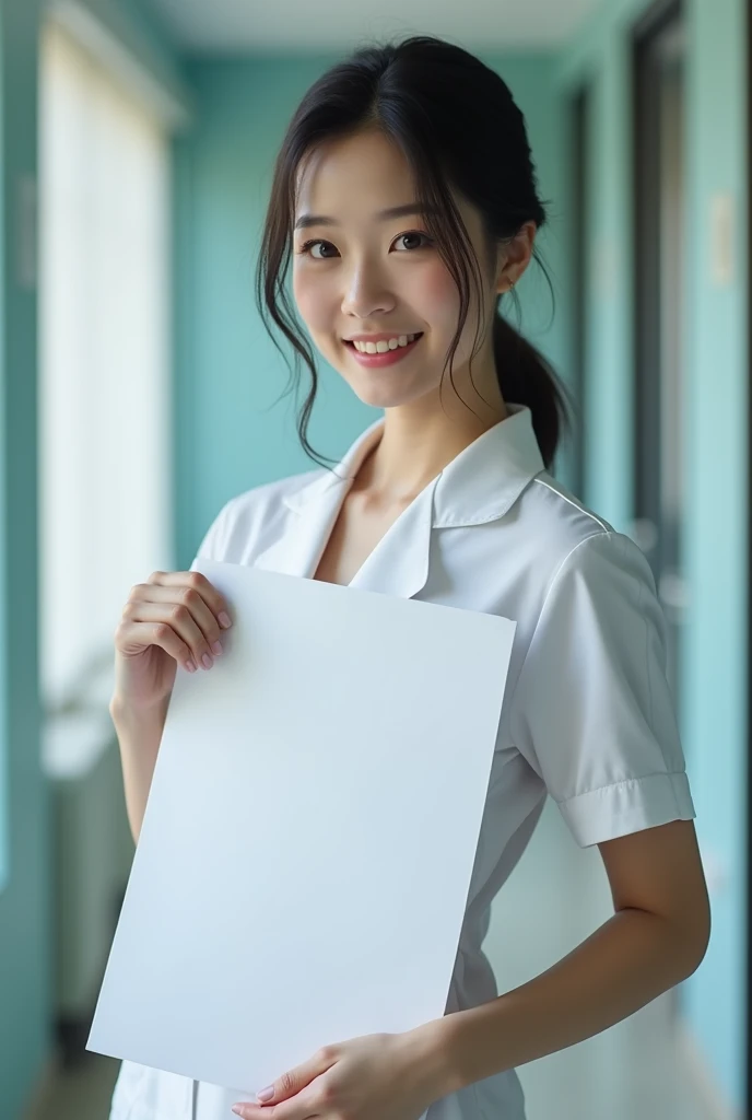 photograph, cowboy shot, woman holding A4 paper in front of waist doing a4 waist challenge, smiling beautiful Japanese female nurse wearing nurse uniform, slim hourglass figure, beautiful detailed face, black hair, pale skin, fair skin, realistic skin, detailed cloth texture, detailed hair texture, Perfect proportion, Anatomically correct, Highly detailed face and skin texture, private modern hospital room, looking at viewer, asian face , perfect ???????, realistic