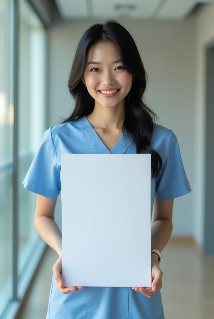 photograph, cowboy shot, woman holding A4 paper in front of waist doing a4 waist challenge, smiling beautiful Japanese female nurse wearing nurse uniform, slim hourglass figure, beautiful detailed face, black hair, pale skin, fair skin, realistic skin, detailed cloth texture, detailed hair texture, Perfect proportion, Anatomically correct, Highly detailed face and skin texture, private modern hospital room, looking at viewer, asian face , perfect ???????, realistic