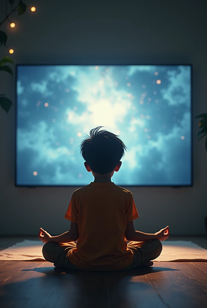 The image shows a young boy sitting with a peaceful expression in front of a large screen displaying the YouTube logo with the name "DEVTA KI DUNIYA" in Hindi. The boy appears to be in a meditative state.