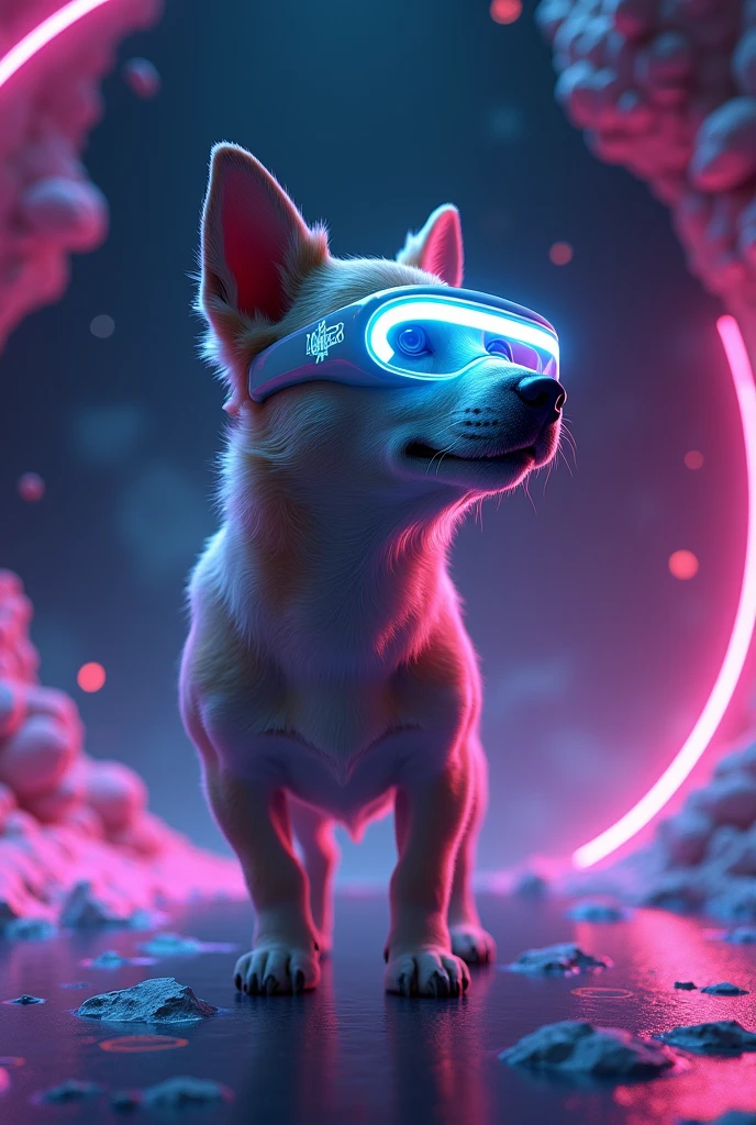 dog with metaverse glasses floating in space neon lights 