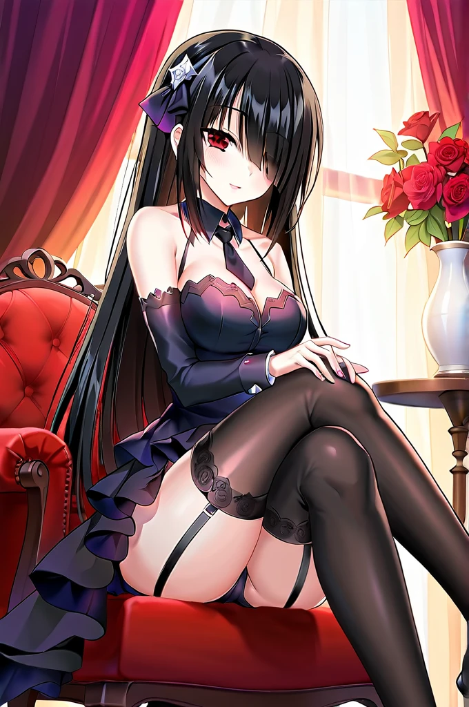 tokisaki kurumi ,((masterpiece)),(((best quality))),((ultra-detailed)),((illustration)),((disheveled hair)),((frills)),(1 girl),(solo),1girl, armchair, ass, bangs, bare shoulders, black bow, black dress, black footwear, black legwear, black necktie, boots, bow, breasts, chair, closed mouth, collarbone, crossed legs, cup, curtains, dress, eyebrows visible through hair, full body, hair bow, hair ornament, hair ribbon, head tilt, high heels, indoors, jacket, jacket on shoulders, long hair, long sleeves, looking at viewer, mole, necktie, off shoulder, office chair, on chair, plant, potted plant, ribbon, sidelocks, sitting, skindentation, solo, table, teacup, thigh strap, thighhighs, thighs, vase, window,red eyes with highlights,black long hair(delicate eyes),hair over one eye,