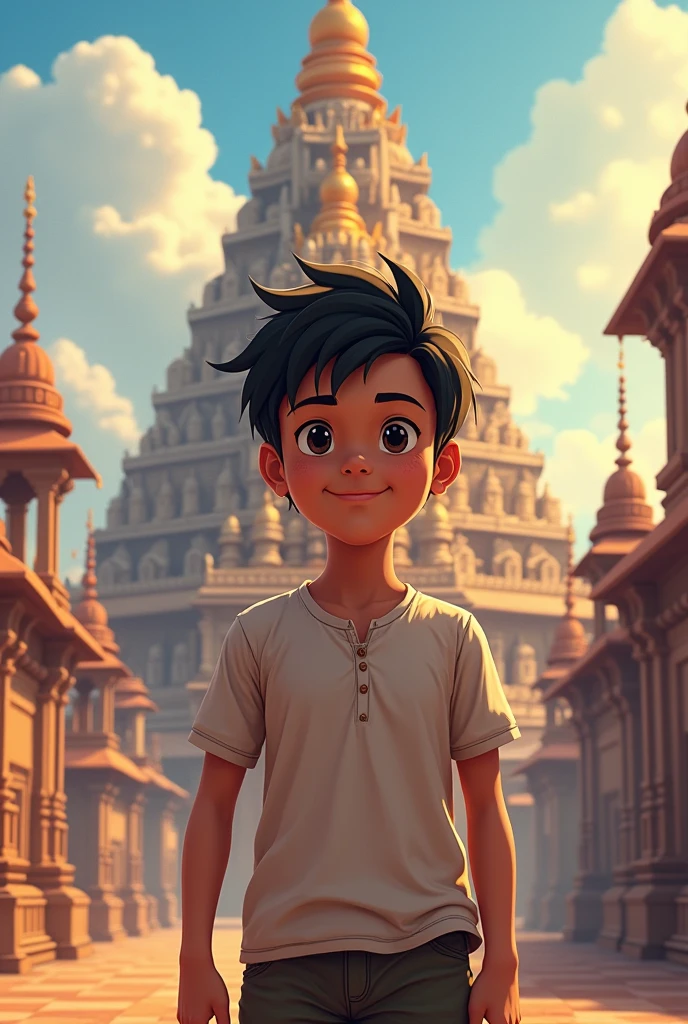 Anime character boy , boy is Indian with trim cut hair background shiv temple

