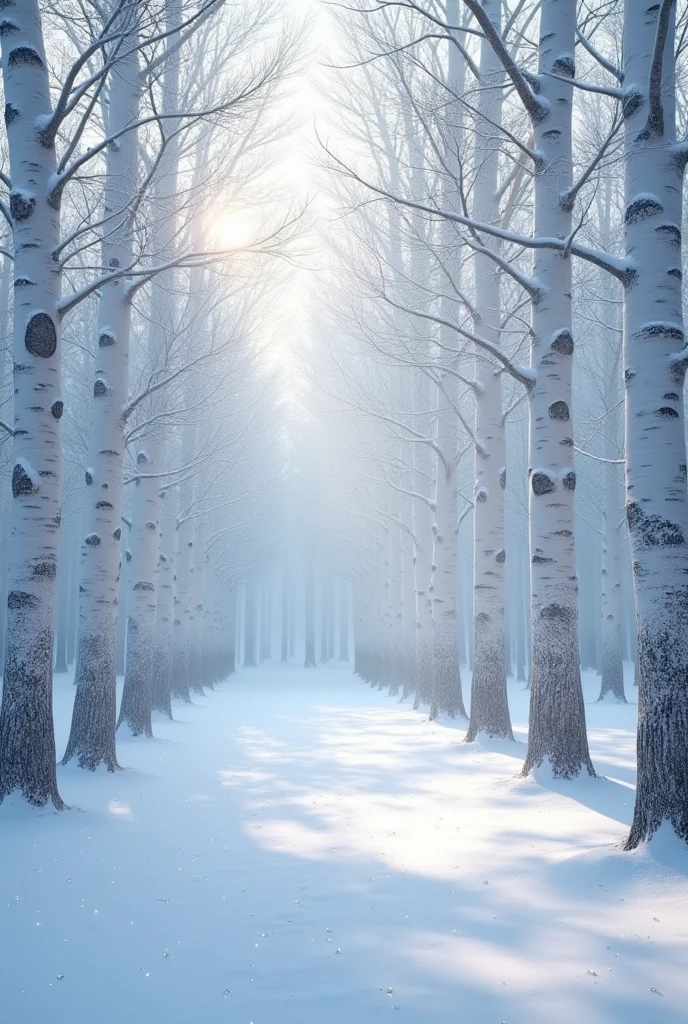 (masterpiece, Highest quality, shape, Subtle details, 8k:1.2),(Highly detailed CG Unity 8k wallpaper), (Highest quality), (Best illustrations), (Photo shoot by a professional photographer:1.2),(Best Shadow), Realistic lighting, Create a realistic 3D digital image of a snow-covered birch forest, where the ground is blanketed in pristine white snow. The birch trees, with their distinctive white bark, stand tall and elegant, their branches lightly dusted with snow. The scene is illuminated by soft, diffused sunlight filtering through the trees, creating a magical atmosphere. Beautiful diamond dust gently falls through the air, sparkling as it catches the light, adding a touch of ethereal beauty to the landscape. The overall image captures the majestic and mysterious beauty of nature, evoking a sense of wonder and tranquility.