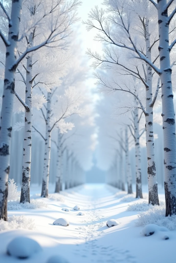 (masterpiece, Highest quality, shape, Subtle details, 8k:1.2),(Highly detailed CG Unity 8k wallpaper), (Highest quality), (Best illustrations), (Photo shoot by a professional photographer:1.2),(Best Shadow),  Realistic lighting, Create a realistic 3D digital image of a snow-covered birch forest, where the ground is blanketed in pristine white snow. The birch trees, with their distinctive white bark, stand tall and elegant, their branches lightly dusted with snow. The scene is illuminated by soft, diffused sunlight filtering through the trees, creating a magical atmosphere. Beautiful diamond dust gently falls through the air, sparkling as it catches the light, adding a touch of ethereal beauty to the landscape. The overall image captures the majestic and mysterious beauty of nature, evoking a sense of wonder and tranquility.