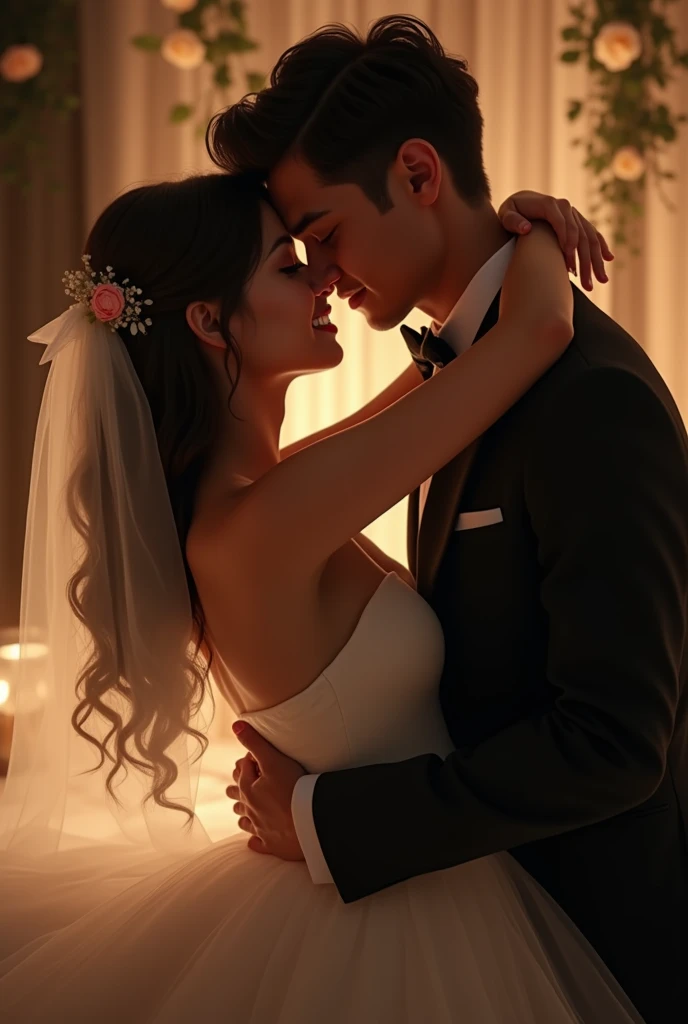 A girl in suhagrat without clothes and one boy kissing him and boy wear black suit