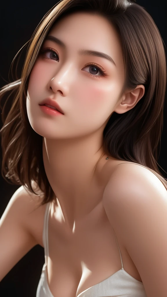 The illustration features high-quality and delicate details. A cute, innocent Asian teenage girl with light makeup, wearing revealing attire, a sexy figure, and detailed white skin. It has high resolution, presented as a 16K wallpaper with a completely dynamic structure. The painting includes exquisite and beautiful eyes, a captivating and expressive face, showcasing lively and elegant expressions. The subject is gazing slowly at the viewer against a black background, reminiscent of Mark Demsteader's style.