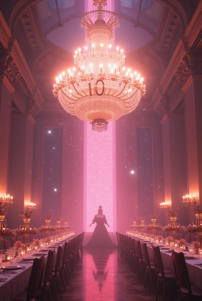 A tremendous god々Shi Big beautiful chandelier Number 10 in a heart at the bottom(((((((Central 10)))))) ((((((((Number 10)))))))) Celebration Time The flow of time lives with music in memories Soft Light Dinner at the Palace of Versailles Hall of Mirrors A beautiful pink moonlit night dinner party with no one around The magic of the full moon shining in the dark night A starry sky Another dimension, a mysterious pink color (((((((No people in sight)))))) The sparkling little feathers and stardust are beautiful.