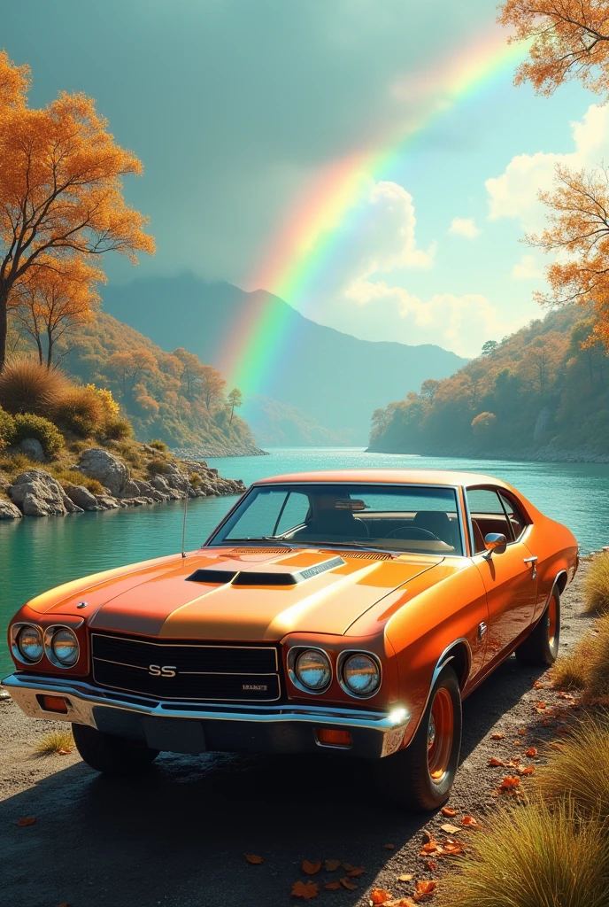 a mustank  car in backgroun river and sky rainbow