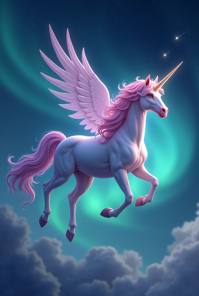 Unicorn Pegasus、Pink、Soaring through the aurora、The starry sky of Umanten、shooting star、Fantasy、