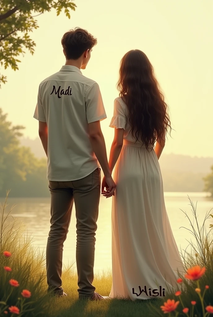 Generate a beautiful scenery in which a guy and a girl have their backs and are holding their hands ghe guy has Madi writren at the back of his shirt and the gurl has Leish written at the bottom both are of the same height and Leish should be written at the bottom back of the girl and she should have long here but Leish should be visible both should be wearing eartern make the girl wear a long dress