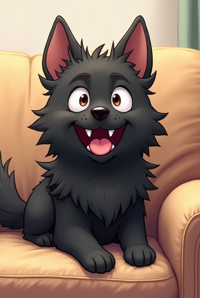 Big, Black, happy, thin, and furry anime dog sitting on a sofa 
