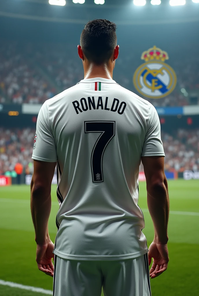 Make a ronaldo photo from a back side with the colour full back ground with real madrid logo and give a better look also give a shirt no 7 on his shirt