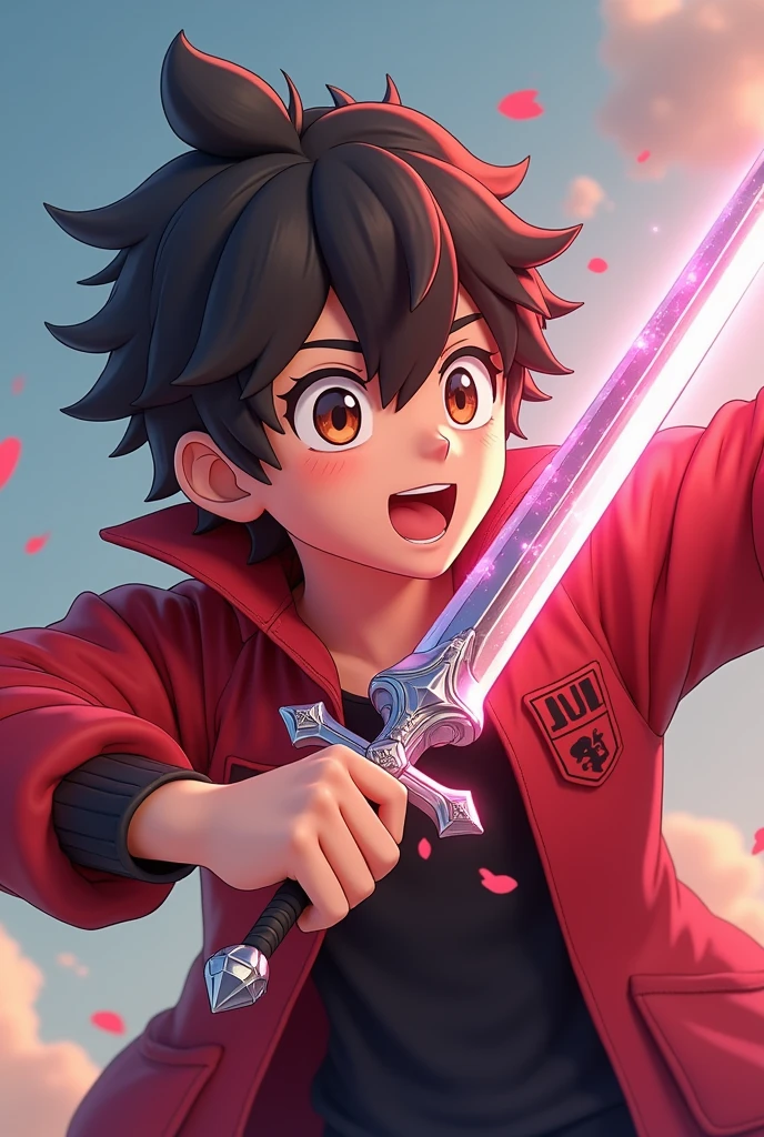 A anime 3D boy taking Minecraft diamond sword and his clothes red jacket front side kissing pose
