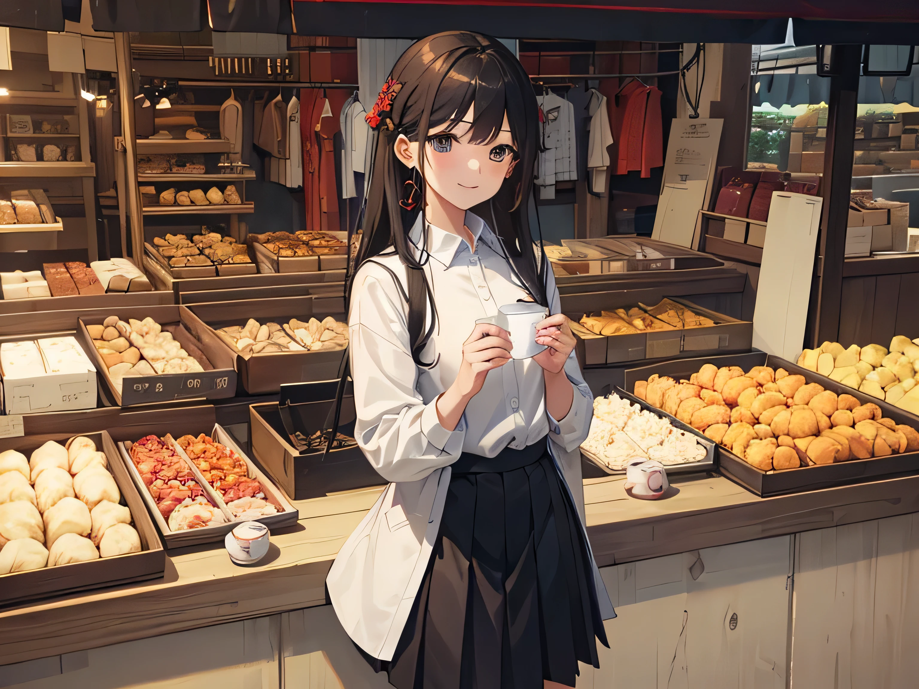 masterpiece, Highest quality,One person,smile,Market stall,With collar_Shirts and flares_Skirt material 3,gray theme,A little above Xin Haicheng