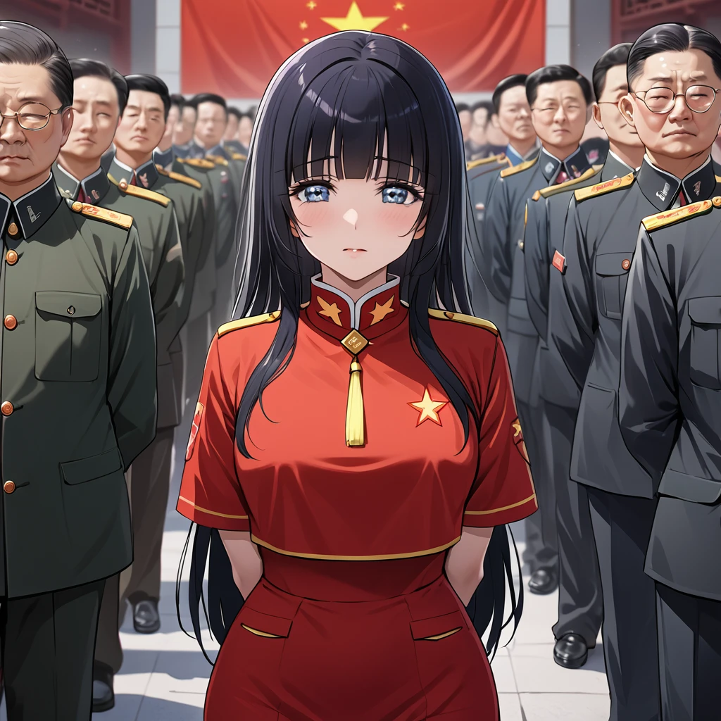 ((Highest quality)), ((masterpiece)), (detailed), (Perfect Face)、The woman is Aoki Reika, has medium-long hair, and is a follower of the Chinese Communist Party.、The woman swore to the Chinese Communist Party officials that she would renounce her Japanese identity, pledge allegiance to China, devote her body and soul to the Chinese Communist Party, and live as a Chinese person, and was accepted.