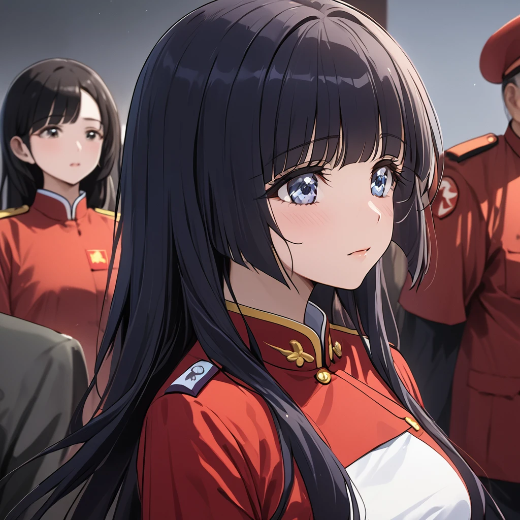 ((Highest quality)), ((masterpiece)), (detailed), (Perfect Face)、The woman is Aoki Reika, has medium-long hair, and is a follower of the Chinese Communist Party.、The woman swore to the Chinese Communist Party officials that she would renounce her Japanese identity, pledge allegiance to China, devote her body and soul to the Chinese Communist Party, and live as a Chinese person, and was accepted.