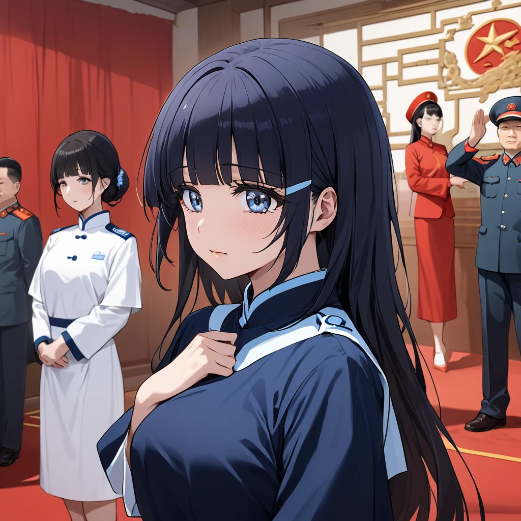 ((Highest quality)), ((masterpiece)), (detailed), (Perfect Face)、The woman is Aoki Reika, has medium-long hair, and is a follower of the Chinese Communist Party.、The woman swore to the Chinese Communist Party officials that she would renounce her Japanese identity, pledge allegiance to China, devote her body and soul to the Chinese Communist Party, and live as a Chinese person, and was accepted.