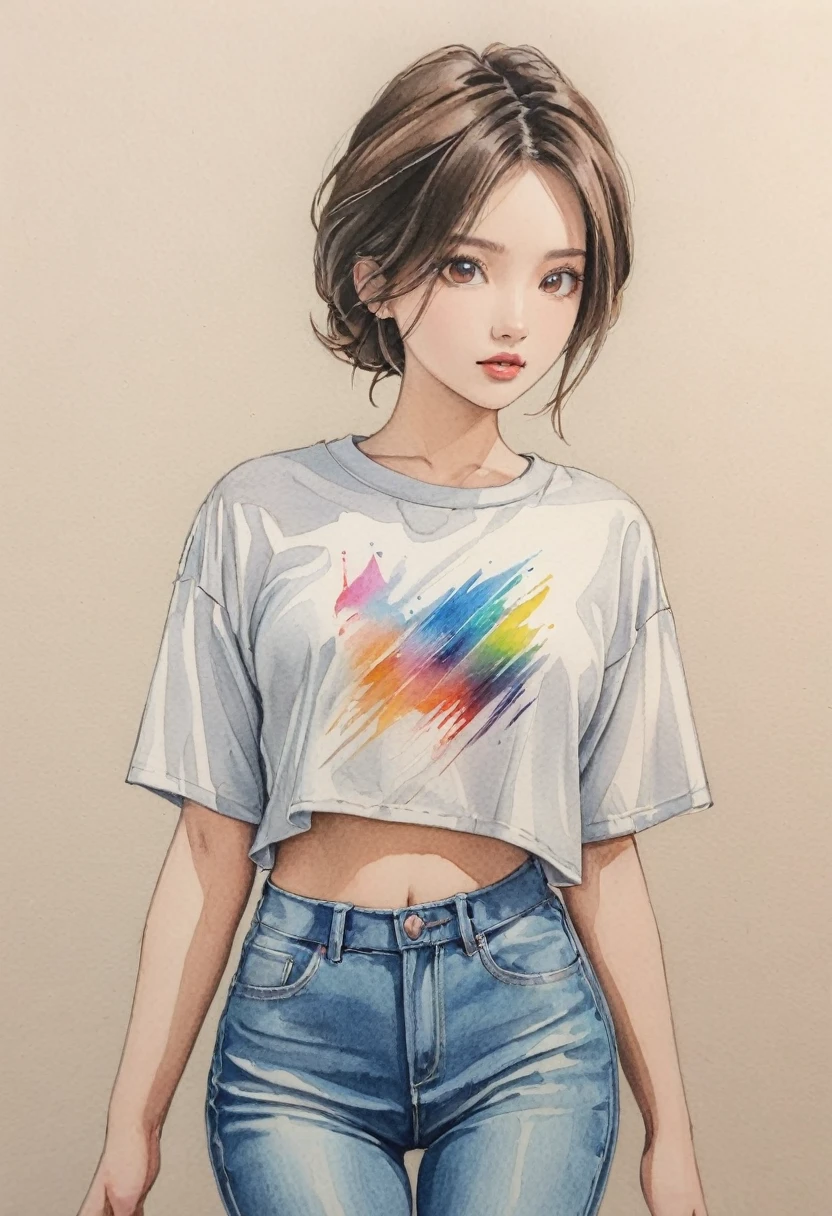  woman，Cropped shirt，White，Art，Colored pencil sketch，Ink Painting 