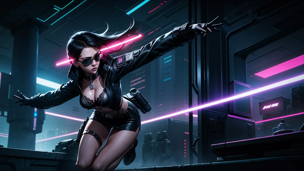 cyberpunk-style city with a nocturnal vibe with Star Wars-like aesthetic references. At night, (1girl, solo, alone), medium-breast slim:0.6 body, oval:0.5 face, cleavage:1.1, sexy black laced bra, miniskirt, white laced panty, coat, (black micro sunglasses), (holding a short gun), (slightly leaning forward running pose), (half-body thigh level medium shot), cinematic lighting, ray tracing.