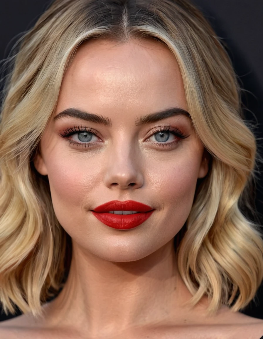 A waist-up portrait of a beautiful female whose facial features are a combination of Sydney Sweeney + Margot Robbie. The female has lovely makeup on her face. The female wears red lipstick. Symmetrical eyes. Symmetrical face. Lovely details. Photorealistic. Full-colored photo. Professional photo. Highly detailed 8K.