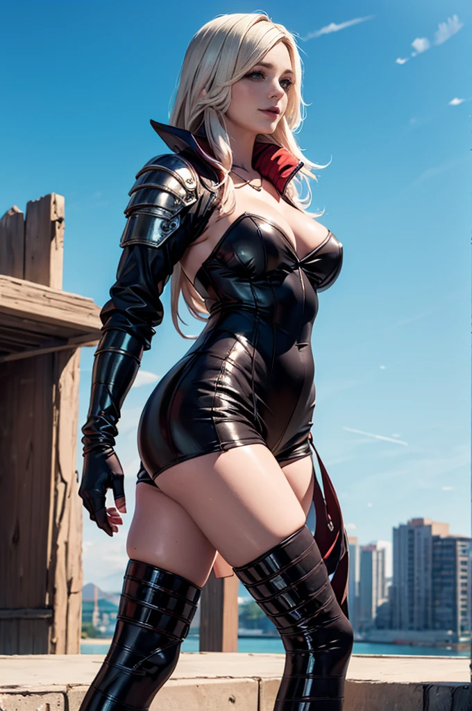 heroic pose, Standing photo, knight, destroyed city, ((A sexy and beautiful woman)), shorts brancos, neckleace, white knee-high boots, charmer smile, armour, half body prosthesis, using mechanical prosthesis, ((very long hair)), ((Rich Bust)), arm prosthesis, leg prosthesis, gradient eyes, seductive makeup, Vista Individual, nffsw, Hard disk, retina, master part, precise, Scientifically correct anatomy, texturized skin, super verbose, high détail, high qualiy, awardwinning, extremely high quality, high resolution, 1080P, Hard disk, 4K, 8k, 16K, (very detailled), realisitic, 8k, 4d cinema, [ digital art 4k ]!!, breasts big