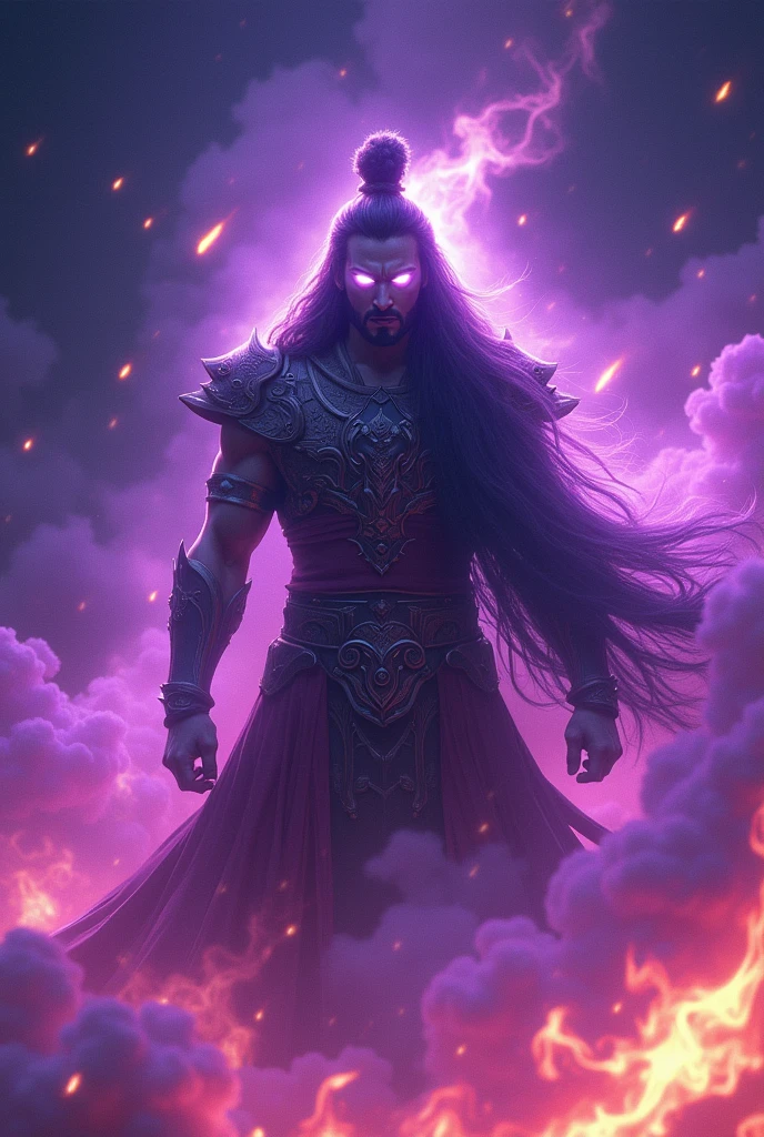 Suryaputra karn emerges from the swirling purple flames, glowing white eyes piercing the smoke. The background is predominantly dark, highlighting the intensity of the fiery colors and the sinister presence of the figure fighting against arjuna along with his godly armour in his chariot, which is surrounded by chaotic Mahabharata fight, flickering flames that evoke a sense of confidence. anime, anime style, 4k, 8k, good quality, wallpapers size, zoom face, FACE of the worlds