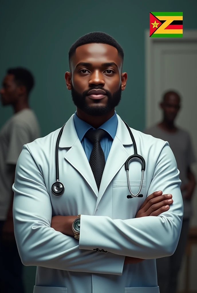 I want a logo for a health channel called ZimVitals, with motto "Wellness together, happiness forever". Put a tinge of dim Zimbabwean flag at the background. With a reaslistic black doctor with a patient in the background. Put a Z which has green, yellow, red and black in that order.