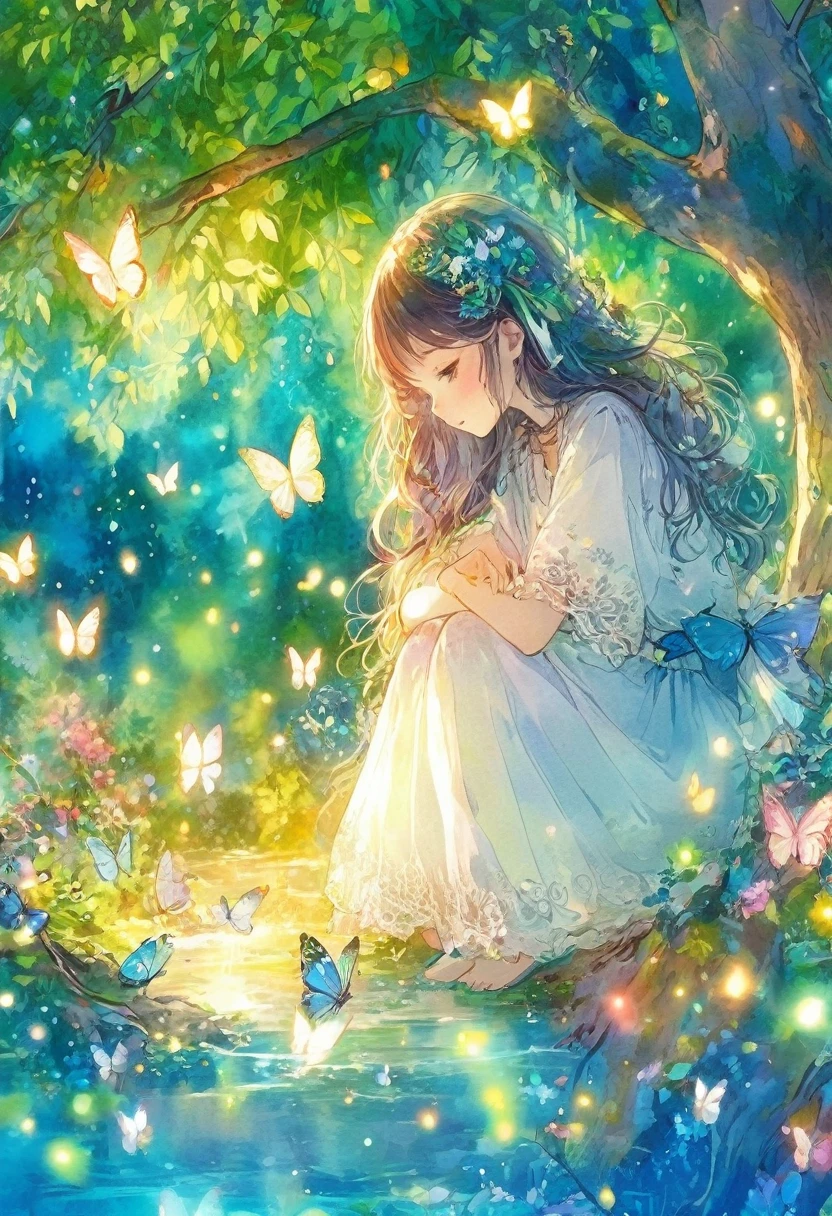 Animated cartoon of a boy sitting on a tree branch with butterflies flying around, So magical and dreamy, Beautiful fantasy anime, By Yuumei, Beautiful Anime art, Beautiful Anime, Beautiful fairyたち, Beautiful Anime artwork, Beautiful fairy, Beautiful artwork illustration, Beautiful peaceful scene in anime, Dreamy Art, Anime fantasy illustration, Beautiful Anime art style, Beautiful illustrations, Beautiful gorgeous digital art, Beautiful fantasy