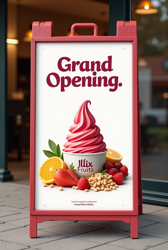 Grand opening sign 25/08/2024 clicks ilix fruits with a soft ice cream image like nutrisa and with toppings