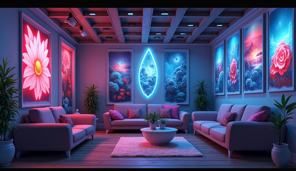 Anime Style、A room decorated with many paintings、cyber-、Teardrop shaped neon,component