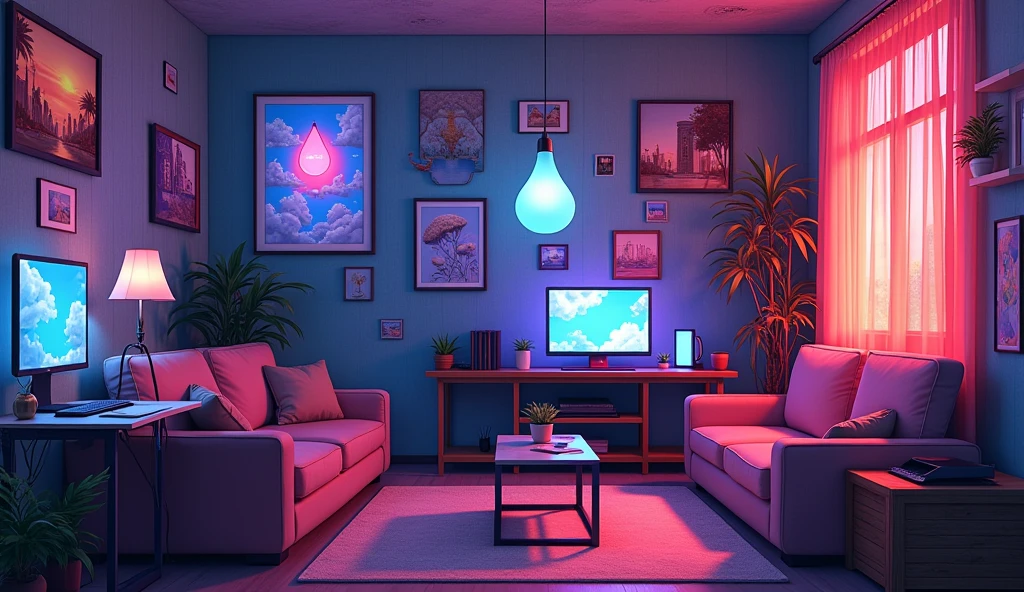 Anime Style、A room decorated with many paintings、cyber-、Teardrop shaped neon,component
