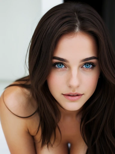 1 woman, (realist:1), Perfect eyes, Brown hair, by the wide, black eyes, happy, sexy pose, Whole body, model, Topless