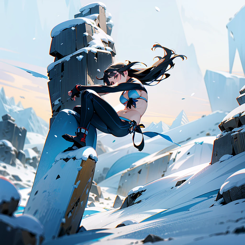 Beautiful girl with healthy body,free climbing,midriff,(((bikini))),breathing white air,strong snow storm,strong snowy day,flying snowflakes as background,climbing snow peak,crawling on a vertical cliff,high altitude,high height,precise face
