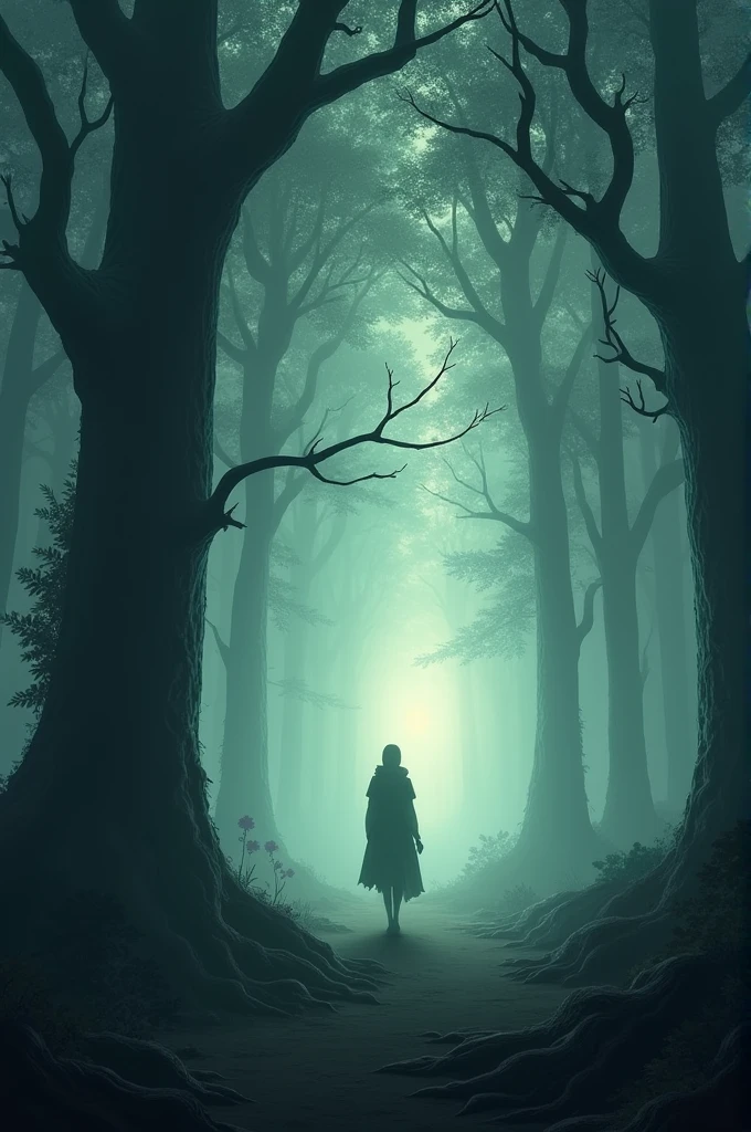 A dark, misty forest, with tall trees that create a sense of being lost and engulfed.
• A faint light breaking through the mist, perhaps from a rising sun or a distant lantern, symbolizing hope.
• Soft, swirling fog near the ground to represent the "chaos" and "madness."
• A lone figure in the foreground, perhaps walking or standing, looking towards the light, symbolizing the journey towards self-discovery.
Generate this picture