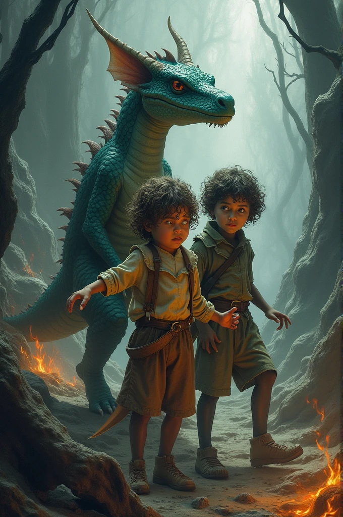 Children from 3 to , half human, half dragon, 80s dark fantasy style