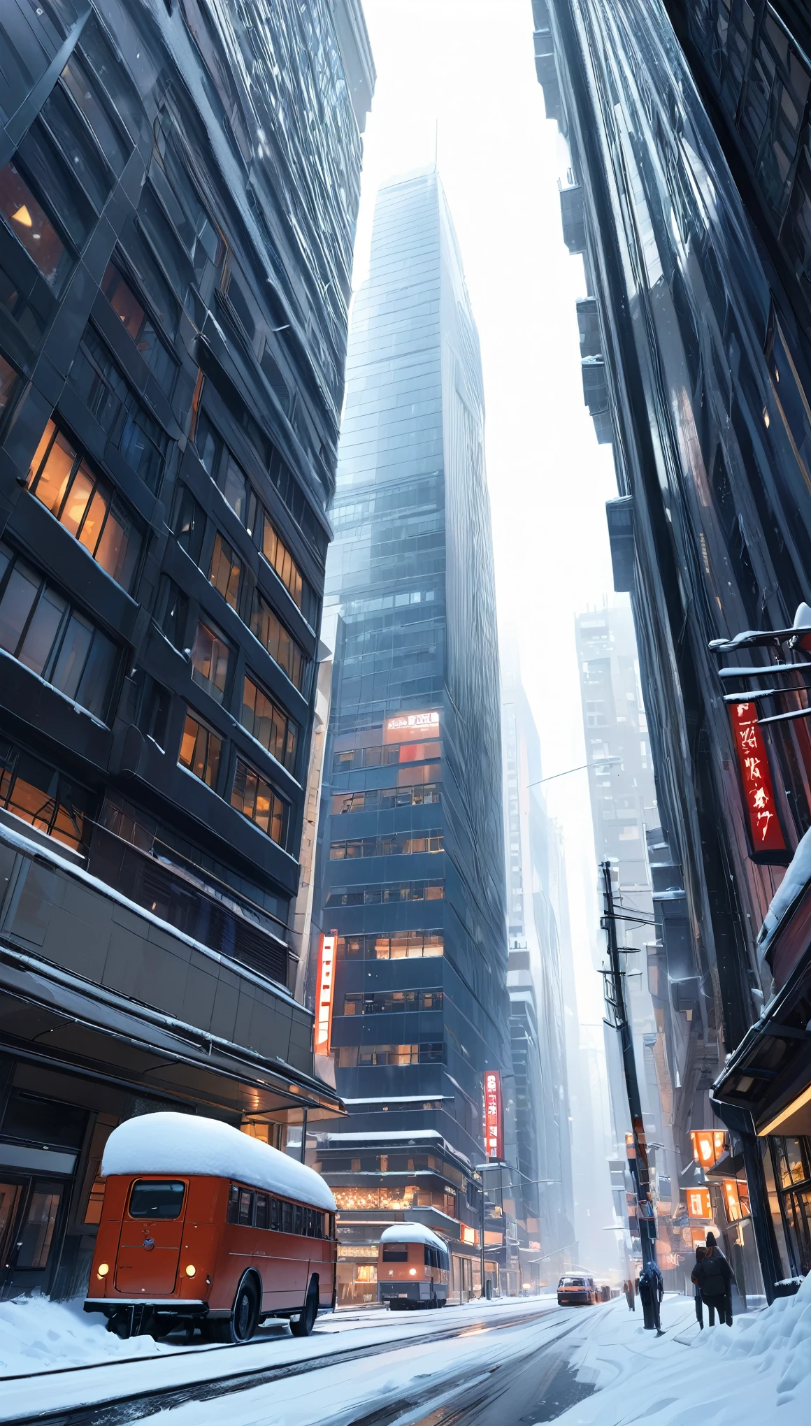 Quiet morning, Snow Scene, Skyscrapers, Morning Glow, Fluttering powdery snow, Low angle shot, Ultra-wide-angle lens, Looking up at the sky, Accumulated snow, White scenery, A world without color, フォトRealistic:1.2, Realistic, Inorganic, high quality, high resolution, masterpiece:1.2
