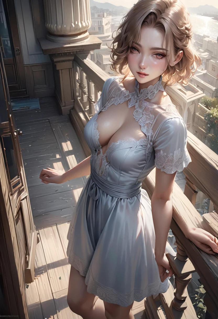 (Realistic:1.5),(RAW Photos:1.4), (Realistic:1.3),(masterpiece), Highest quality, Highest quality, extremely detailed CG unity 8k wallpaper, Detailed and complex, original,High resolution, [:(Detailed face:1.2):0.2],Film Grain, Fujifilm XT3, (Skin with attention to detail:0.9), 8k,(Urzan-6500:0.9), balcony, Show by Rock!!, A light smile, Cleavage, Detailed gradient background, whole body, sunlight,The body is slim,Beautiful dress,Beautiful hand shape, whole body