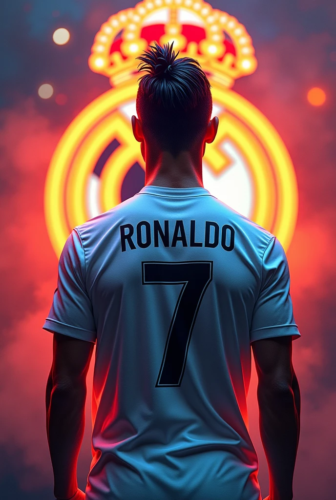 Make a ronaldo  photo from a back side  with the colour full back ground with real madrid logo and give a better look also give a shirt no 7 on his shirt with a previous photo