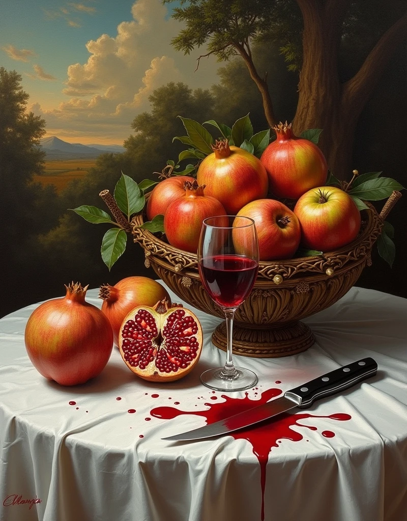 ultra realistic oil painting of table with a fruit basket, wine is spilled on the table, ((Blood dripping knife)), by Raja Ravi Varma, detailed Impressionistic painting, broader brush strokes, beautiful lush fruits, plume, white satin table cloth, pomegranate and apple fruits in bowl, with ancient Indian landscape in the background, intricate, highly detailed, wine stain on the cloth, ((Perfectly detailed wine glass fell on table)), oil on canvas, portrait painting by greg rutkowski, Dramatic portrait, (Signed as 'Lisan Al Ghaib'), 4k UHD Portrait, 