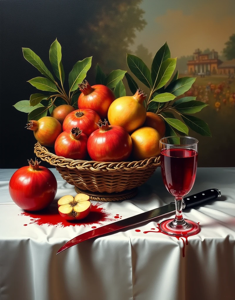 ultra realistic oil painting of table with a fruit basket, wine is spilled on the table, ((Blood dripping knife)), by Raja Ravi Varma, detailed Impressionistic painting, broader brush strokes, beautiful lush fruits, plume, white satin table cloth, pomegranate and apple fruits in bowl, with ancient Indian landscape in the background, intricate, highly detailed, wine stain on the cloth, ((Perfectly detailed wine glass fell on table)), oil on canvas, portrait painting by greg rutkowski, Dramatic portrait, (Signed as 'Lisan Al Ghaib'), 4k UHD Portrait,