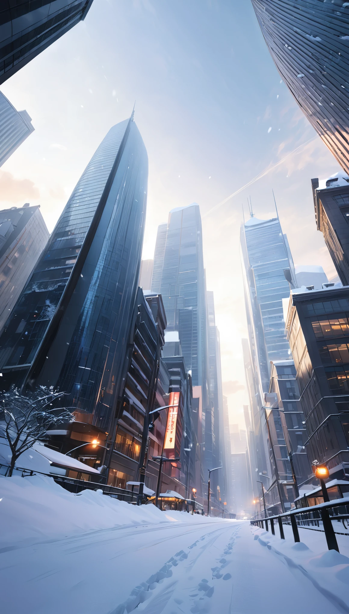 Quiet morning, Snow Scene, Skyscrapers, Morning Glow, Fluttering powdery snow, Low angle shot, Ultra-wide-angle lens, Looking up at the sky, Accumulated snow, White scenery, A world without color, フォトRealistic:1.2, Realistic, Inorganic, high quality, high resolution, masterpiece:1.2
