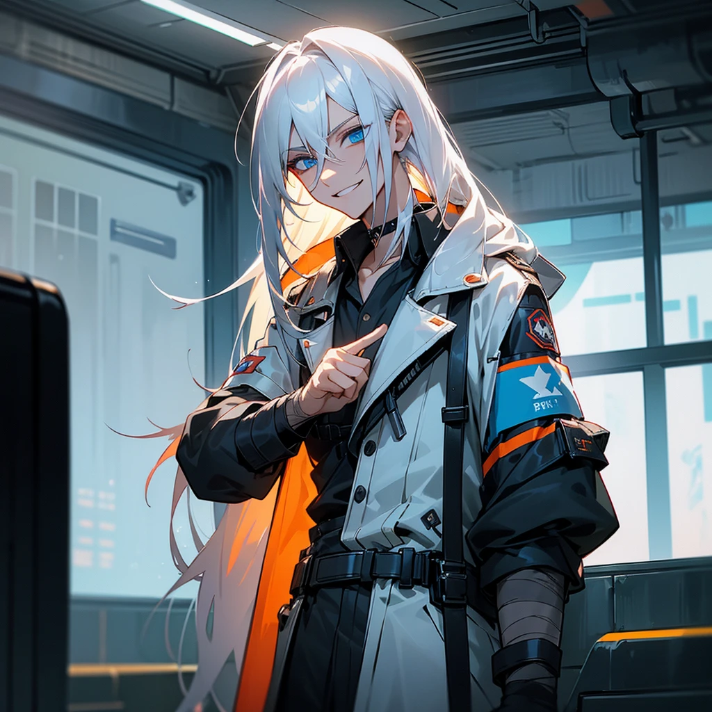 White hair, long hair, straight hair, male, man, blue eyes, tall, wiry, jacket, choker, armband, long boots, belt, waist pouch, with a black bandage, delicate facial features, toned, cyberpunk, inside, in the subway, determined, half body photo, upper body, face, grinning, evil smiling