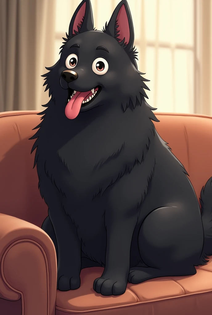 Big, Black, thin, and furry anime dog with tounge out sitting on a sofa 