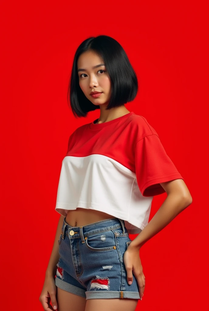 a picture of an Indonesian woman with short, straight shoulder-length black hair and a smooth look, confidently posing against a plain red background, dynamic pose. she is wearing a boho shirt with the Indonesian flag, which she lifts slightly. The short jeans are also designed with an Indonesian flag pattern. adding to her bold appearance.